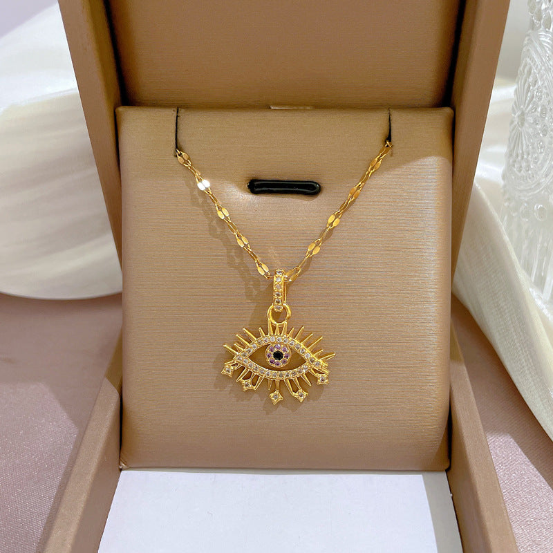 Collana con ciondolo a occhio in acciaio al titanio, stile fumetto, micro-pavé di zirconi per donna, catena delicata per clavicola