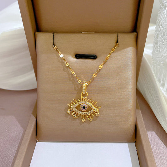 Cartoon Style Geometric Titanium Steel Micro-Paved Zirconia Eye Pendant Necklace for Women Delicate Clavicle Chain