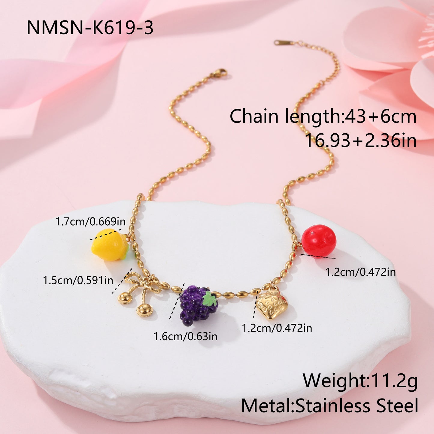 Collana con Pendente in Acciaio Inossidabile a Forma di Frutta alla Moda con Finitura Placcata per Donne, Catena con Ciondolo a Limone, Fragola e Uva