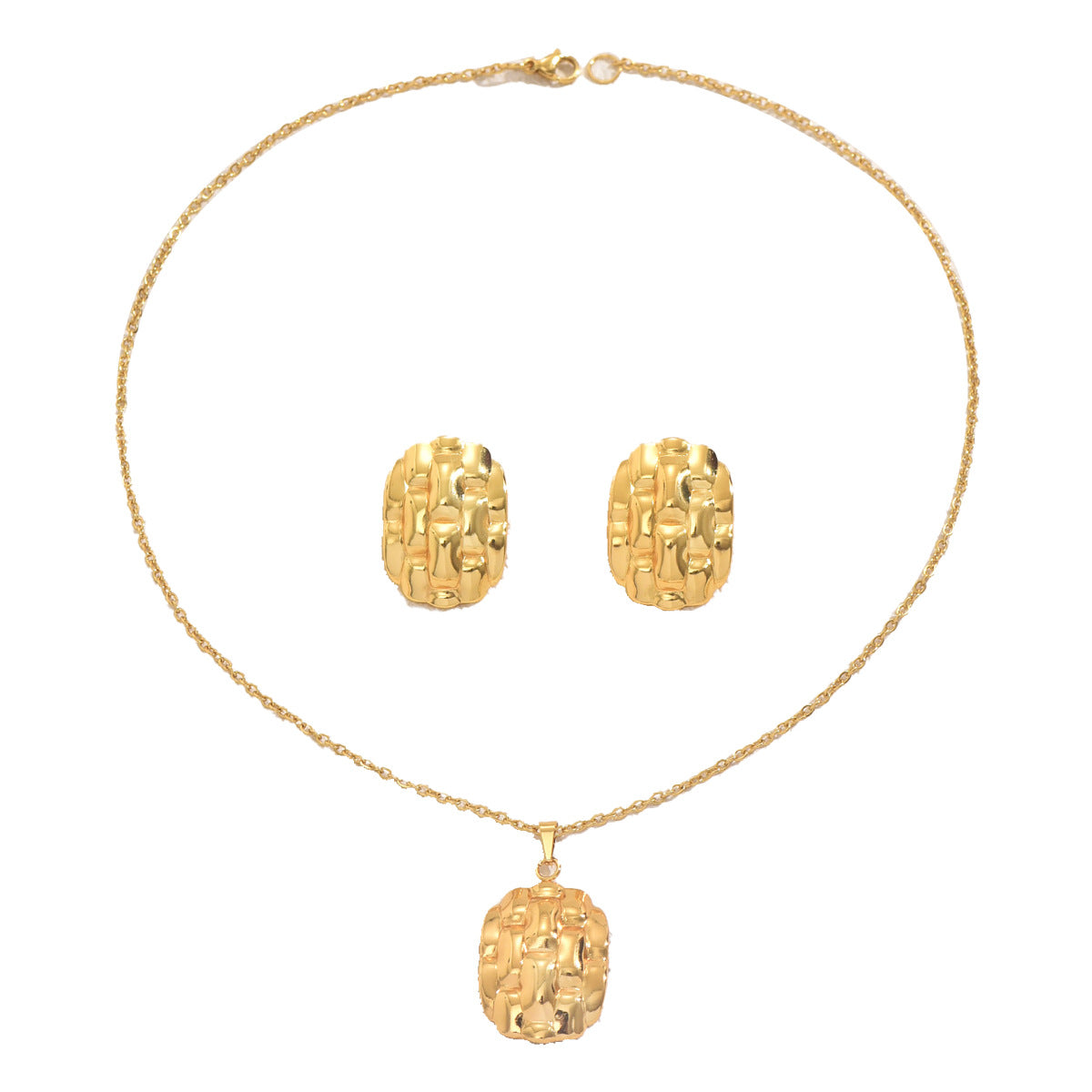 Conjunto de collar y pendientes de mujer irregulares con textura geométrica en aleación con acabado galvanizado para uso diario con estilo