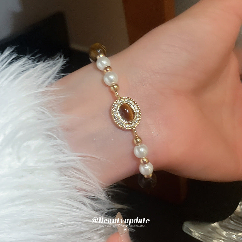 Pulsera de perlas geométricas incrustadas de diamantes de imitación en tono caramelo para mujer, estilo de corte francés vintage, accesorio de moda elegante