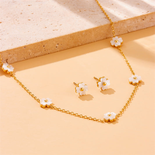 Vintage Floral White Shell Flower Jewelry Set for Women Stainless Steel Plated Regular Chain Bracelet Earrings Necklace