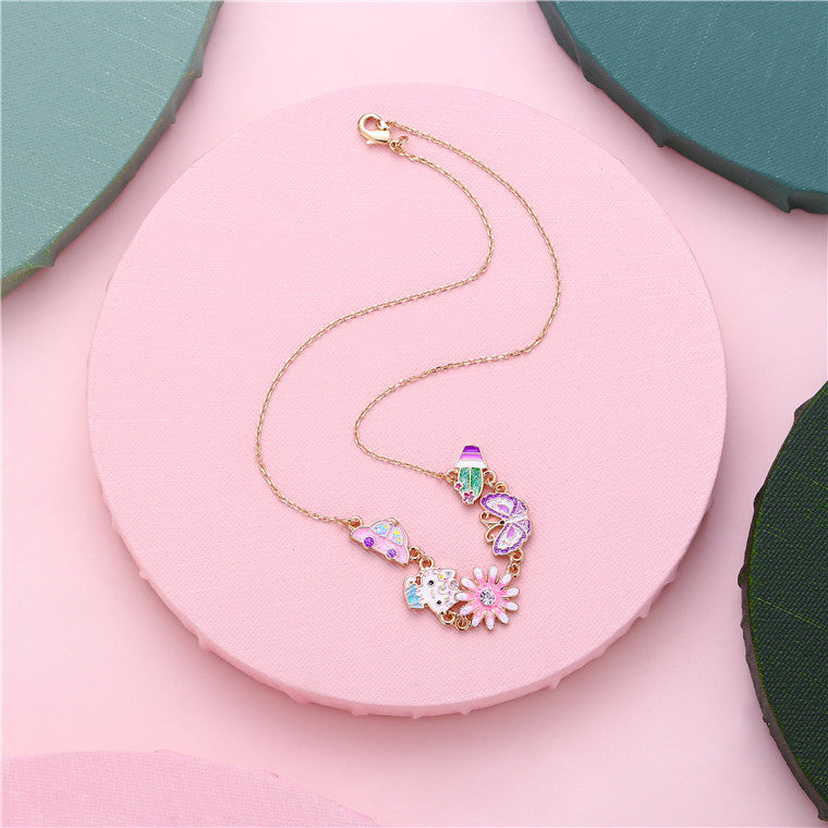 Princess Style Floral Cat and Butterfly Pendant Necklace for Kids Alloy Chain with Enamel Finish