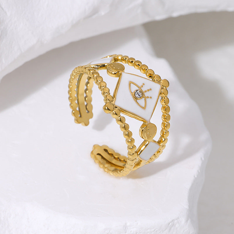 Fashion French Style Evil Eye Rhombus Shape Stainless Steel 18K Gold Plated Enamel Adjustable Ring for Women
