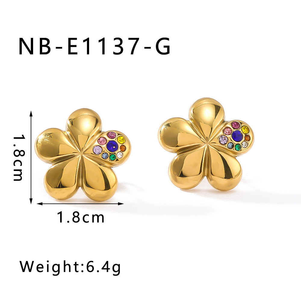 Floral Design Stainless Steel Earrings with Rhinestone Inlay Five-Petal Flower Shape for Women