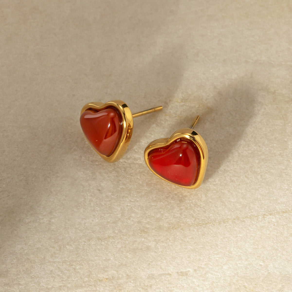 Minimalist Geometric Stainless Steel Earrings with 18K Gold Plating and Red Heart Inlay for Women