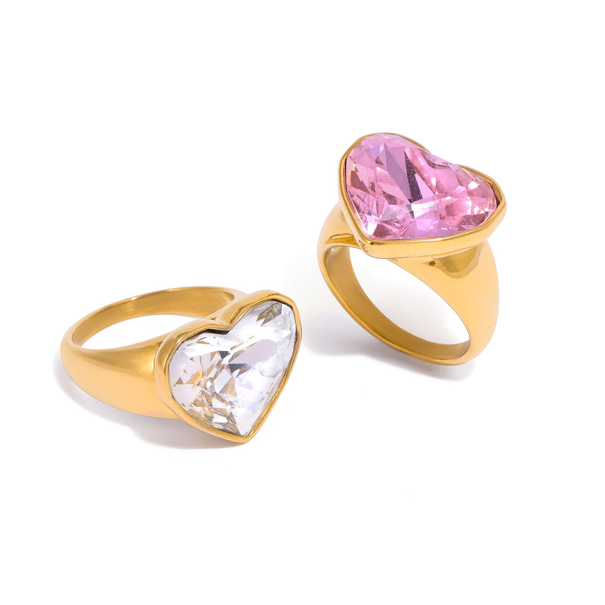Anillo de Acero de Titanio en Forma de Corazón con Incrustaciones de Diamantes de Imitación para Mujer, Baño de Oro PVD al Vacío, Accesorio de Moda con Diseño Geométrico
