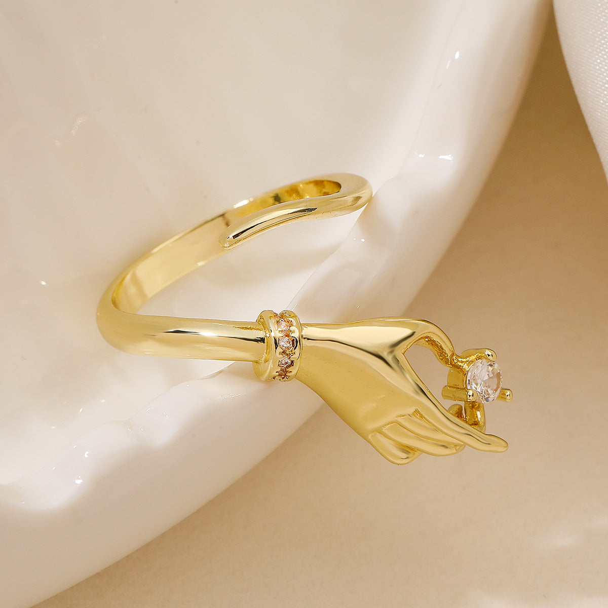 Elegant Geometric Brass Ring with 18K Gold Plating and Cubic Zirconia Inlay for Women
