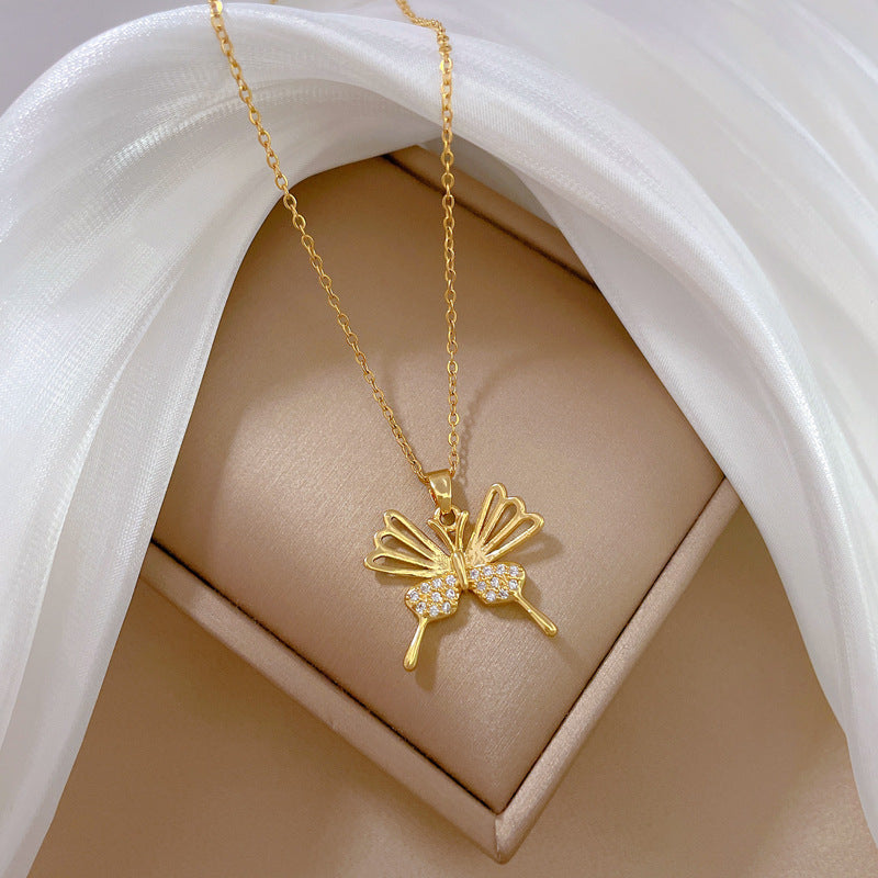 Minimalist Butterfly Pendant Necklace for Women and Men with Titanium Steel Chain, Hollow Design, Rhinestone Accented, Lightweight Locket Style