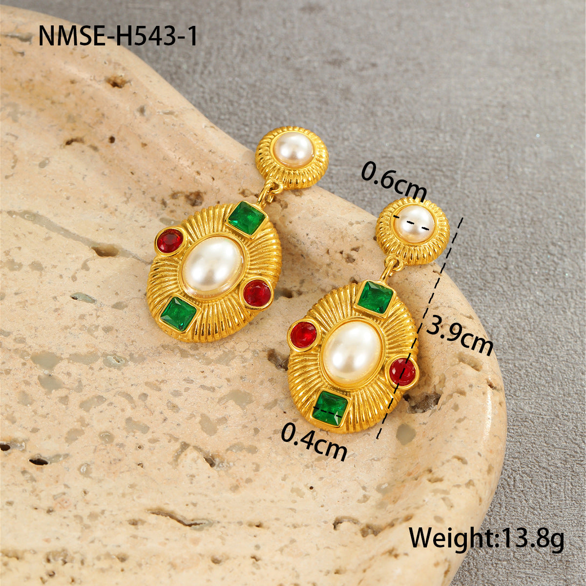 Vintage Geometric Stainless Steel Earrings with 18K Gold Plating, Pearl and Zircon Inlay for Women