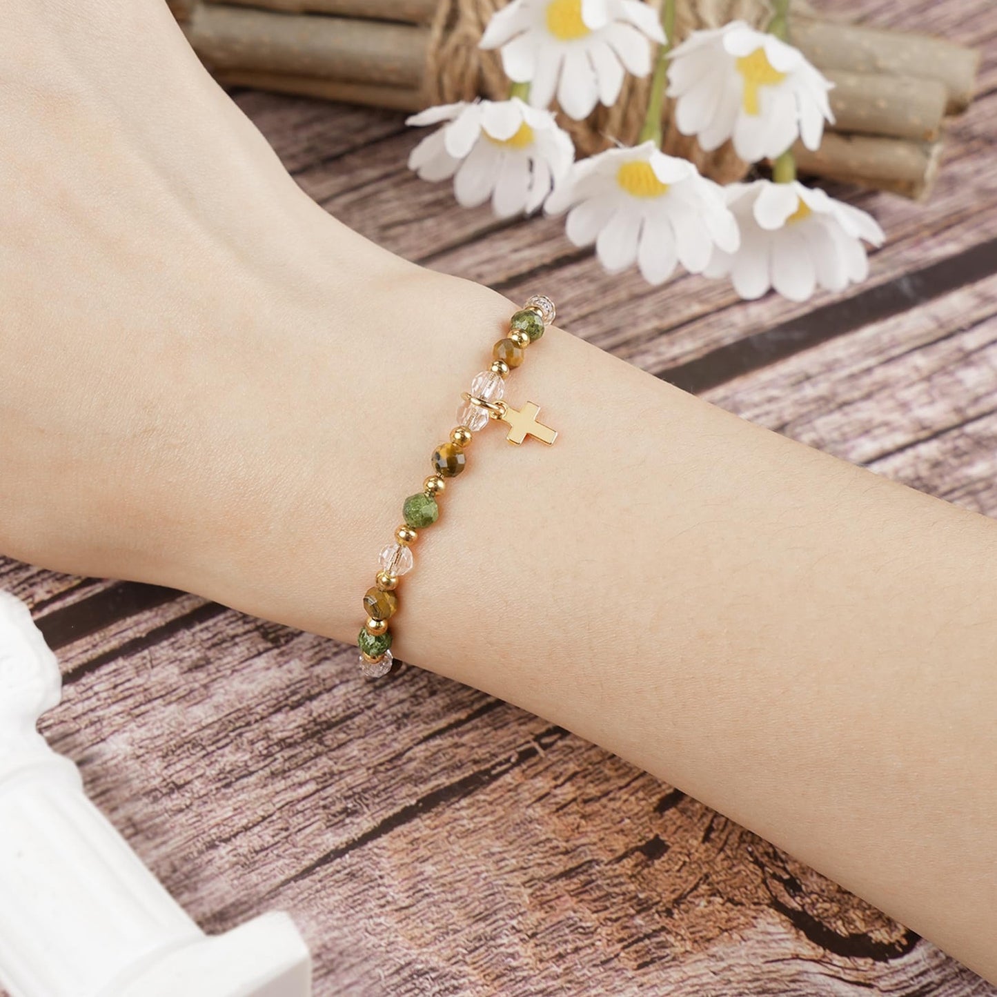 Minimalist Natural Tiger Eye Cross Pendant Adjustable Hand-woven Bracelet for Women