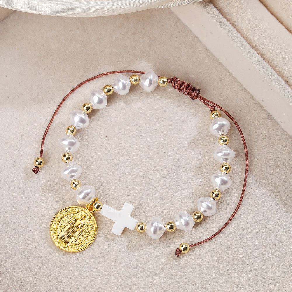 Bohemian Handmade Glass Bead Cross Bracelet with Pearl Adjustable Geometric Design for Women