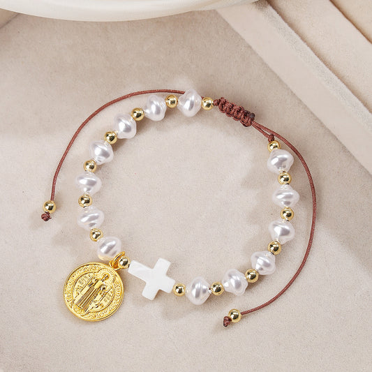 Bohemian Handmade Glass Bead Cross Bracelet with Pearl Adjustable Geometric Design for Women