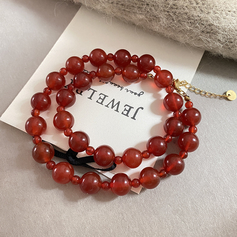 Sweet Sporty Red Beaded Rope Chain Necklace Titanium Steel Plated Adjustable Collarbone Chain for Women and Men