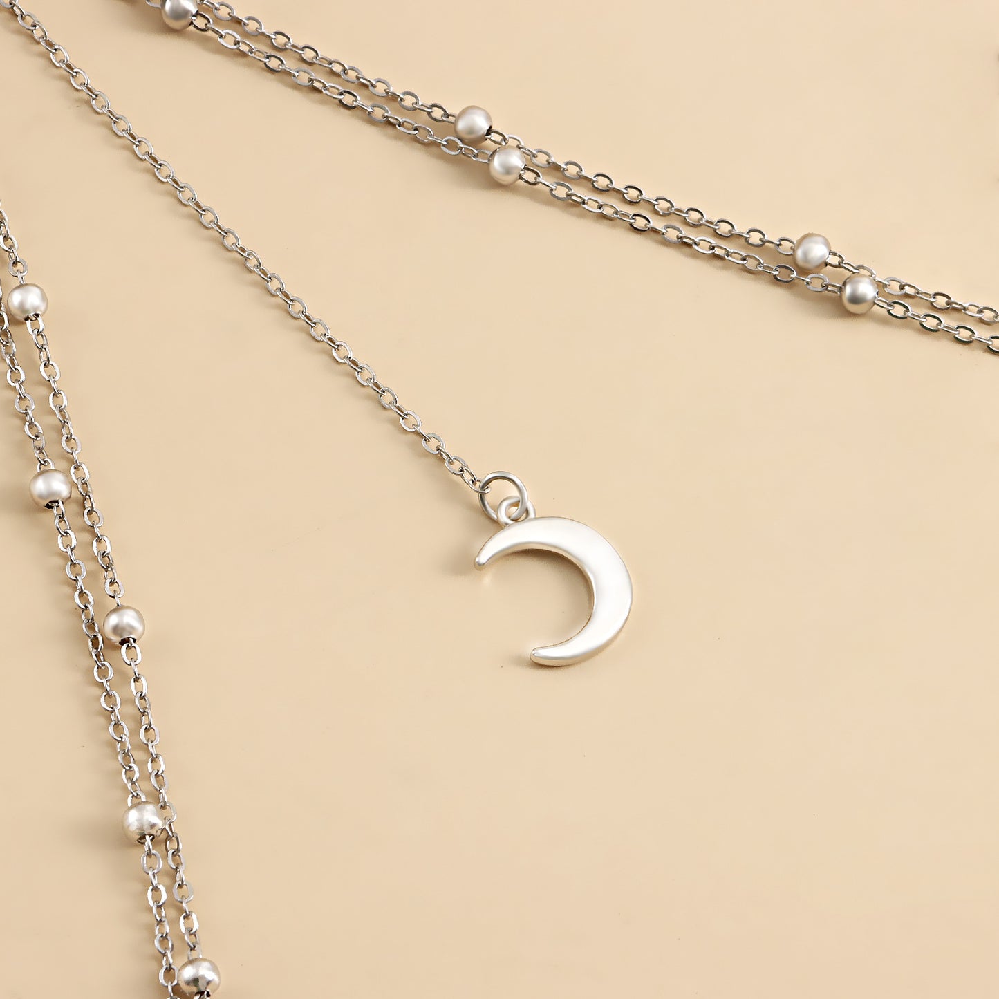 Geometric Moon Pendant Body Chain with Tassel Detail for Women Alloy Double-Layer Beaded Chain