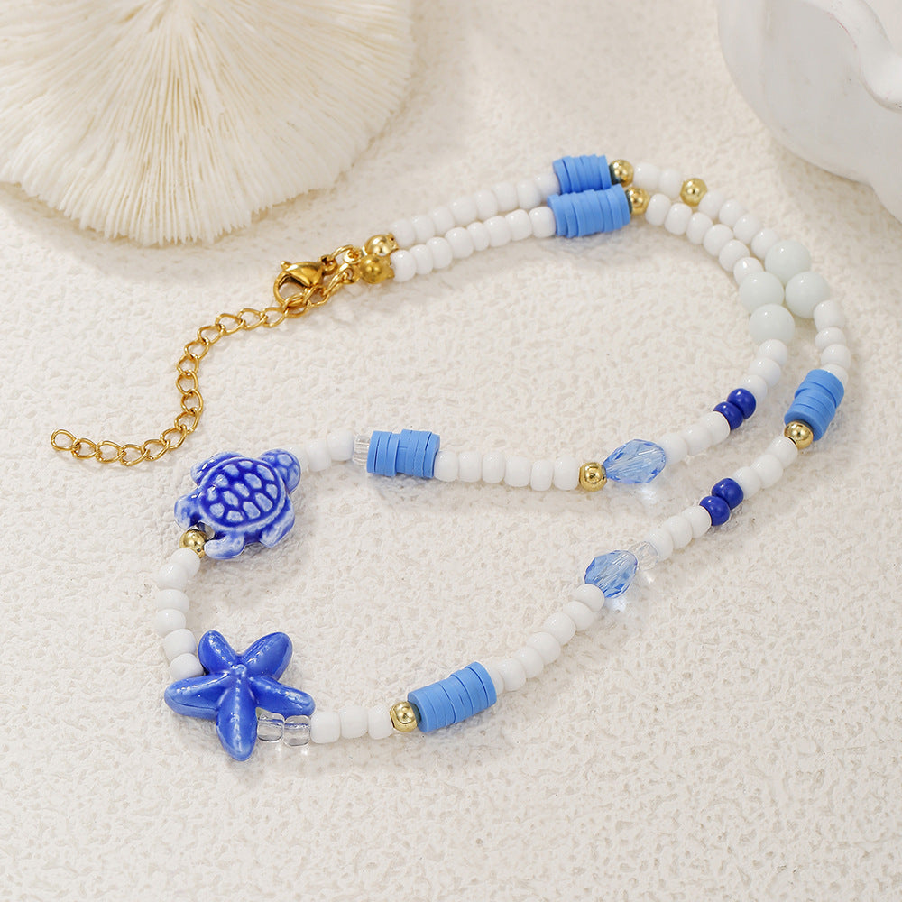 Geometric Round Stainless Steel and Resin Necklace with Starfish Shell Turtle Charms Cable Chain Unisex