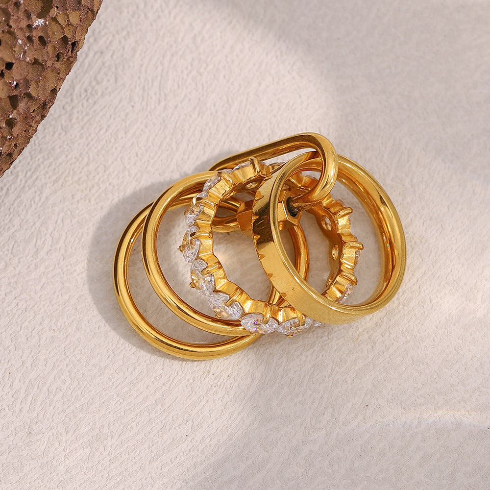 Fashionable Geometric Stainless Steel Ring with 18K Gold Plating and Multi-Layer Zirconia for Women