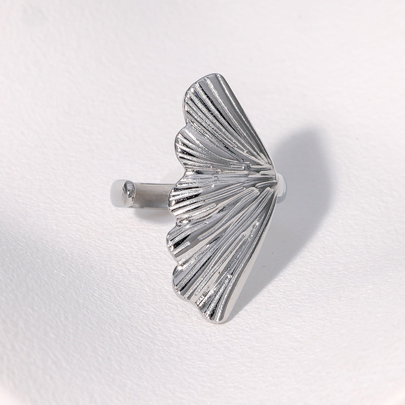 Minimalist Leaf-Shaped Stainless Steel Adjustable Ring with 18K Gold Plating for Women