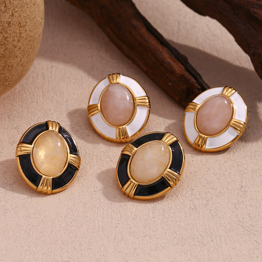 Pendientes de Acero Inoxidable Ovalados Cruz Minimalistas de Moda con Baño de Oro de 18K para Mujer