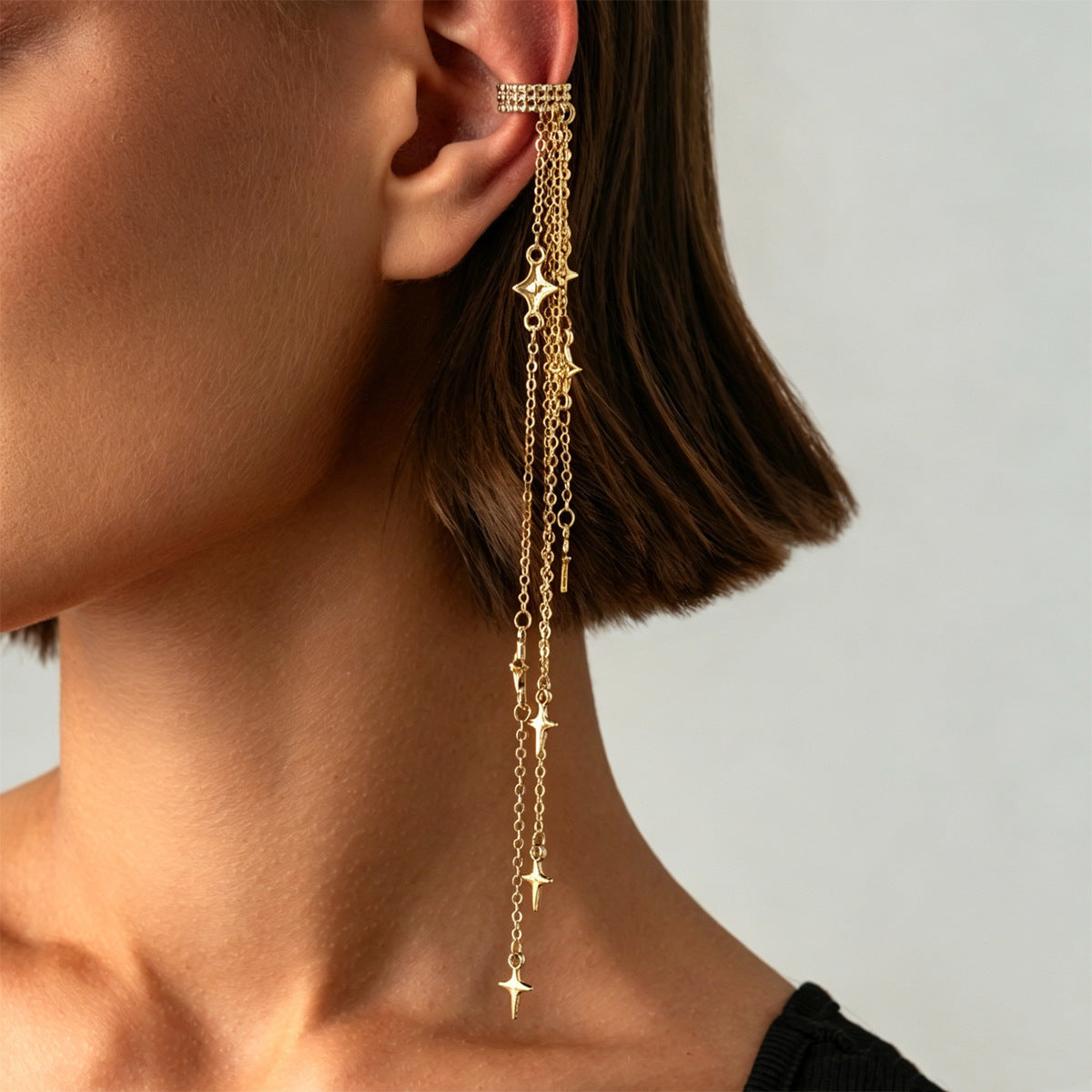 Elegant Punk Rhinestone Star Plated Alloy Cable Chain Tassel Earrings for Women