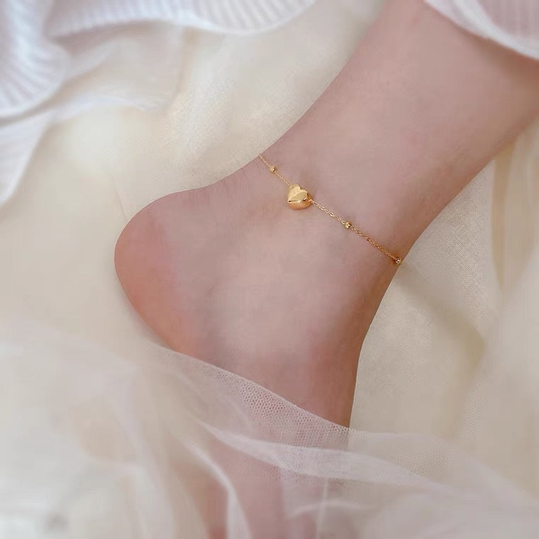 Minimalist Geometric Titanium Steel Anklet for Women with Round Beads and Heart Charm