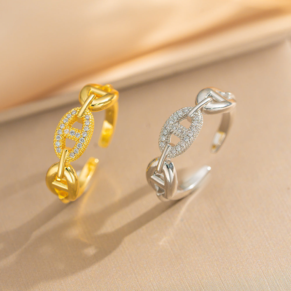 Luxury Geometric Pig Nose Full Rhinestone Adjustable Finger Ring for Women with Gold Plated Copper Band