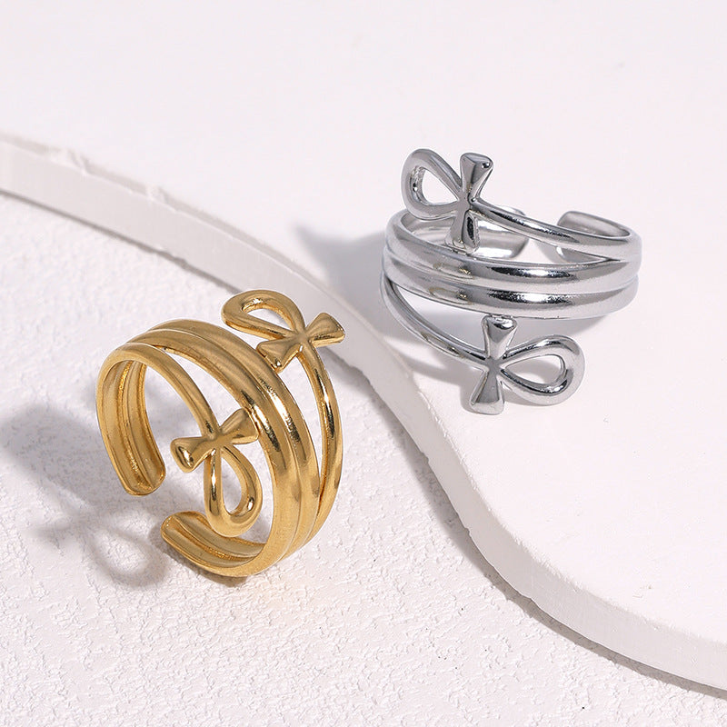 Anello aperto minimalista da donna in acciaio inossidabile placcato oro 18 carati, con fiocco geometrico