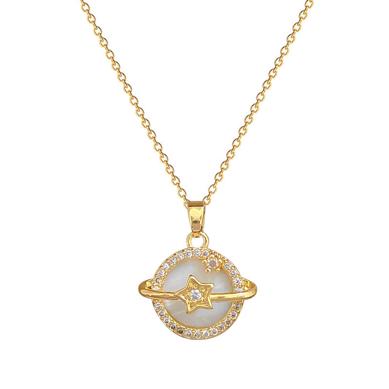 Luxury Titanium Steel Geometric Moon Shell Planet Pendant Necklace for Women with Rhinestone Inlay and Delicate Clavicle Chain