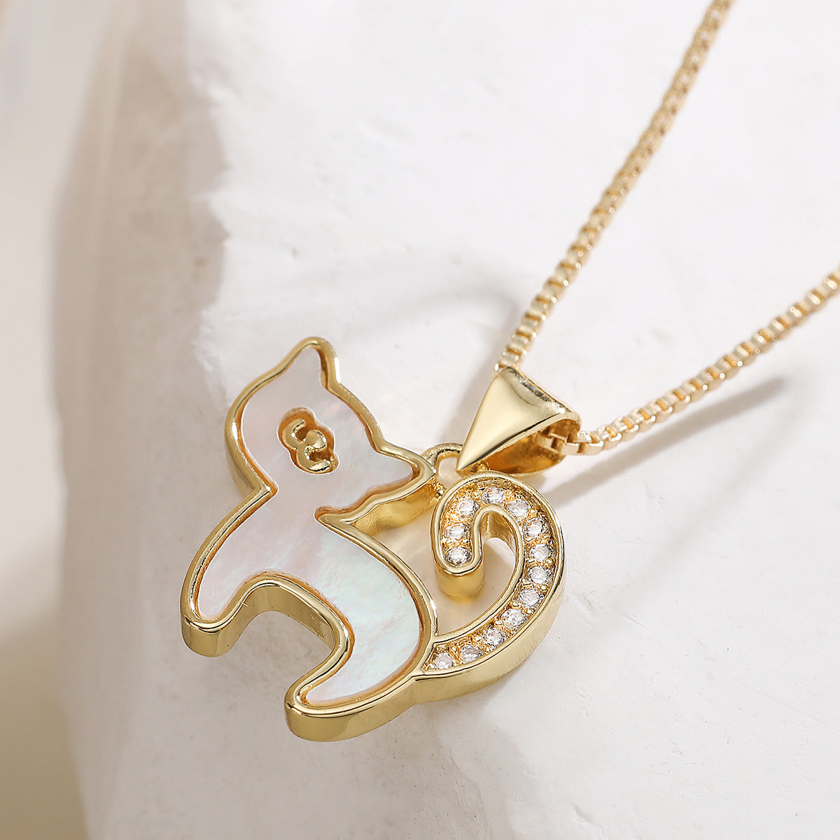 Minimalist Gold Plated Brass Cat Pendant Necklace with Cubic Zirconia for Women
