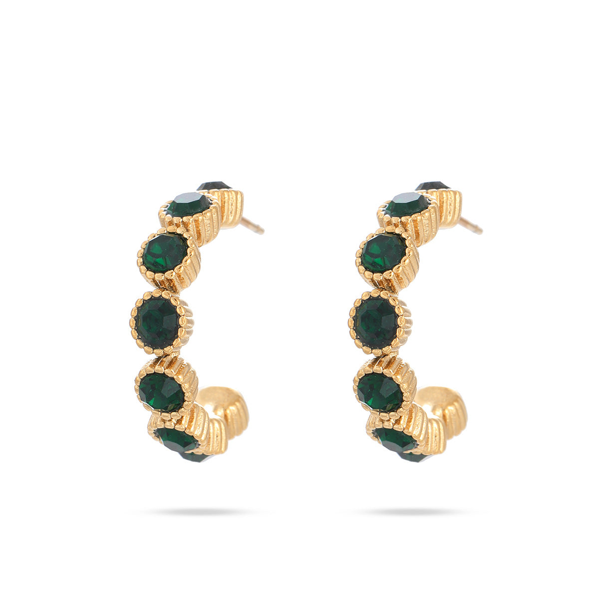 Pendientes de botón de acero titanio con forma de C geométrica a la moda, con punta de diamantes de imitación y acabado chapado, para mujer