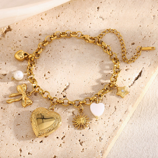 Fashionable Minimalist Heart and Butterfly Pendant Bracelet in Stainless Steel with 18K Gold Plating for Women