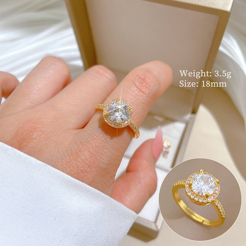 Minimalist Sweet Micro-Inlaid Cubic Zirconia Crown Brass Adjustable Ring for Women