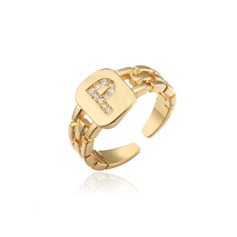 Minimalist Letter Shape Copper Ring with Micro-Pavé Setting Adjustable Geometric Band