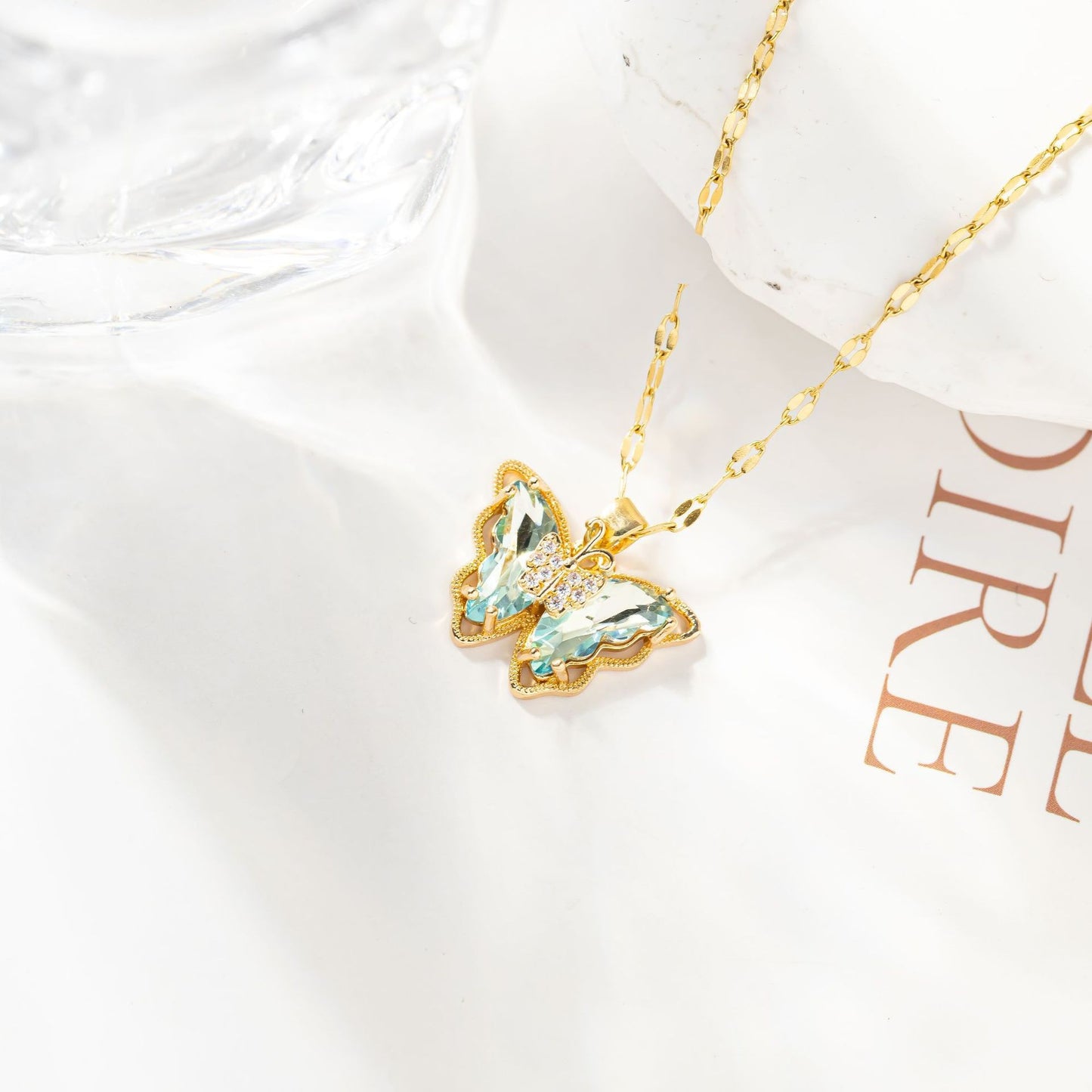 Minimalist Elegant Gold Plated Titanium Steel Butterfly Necklace with Crystal Inlay for Women