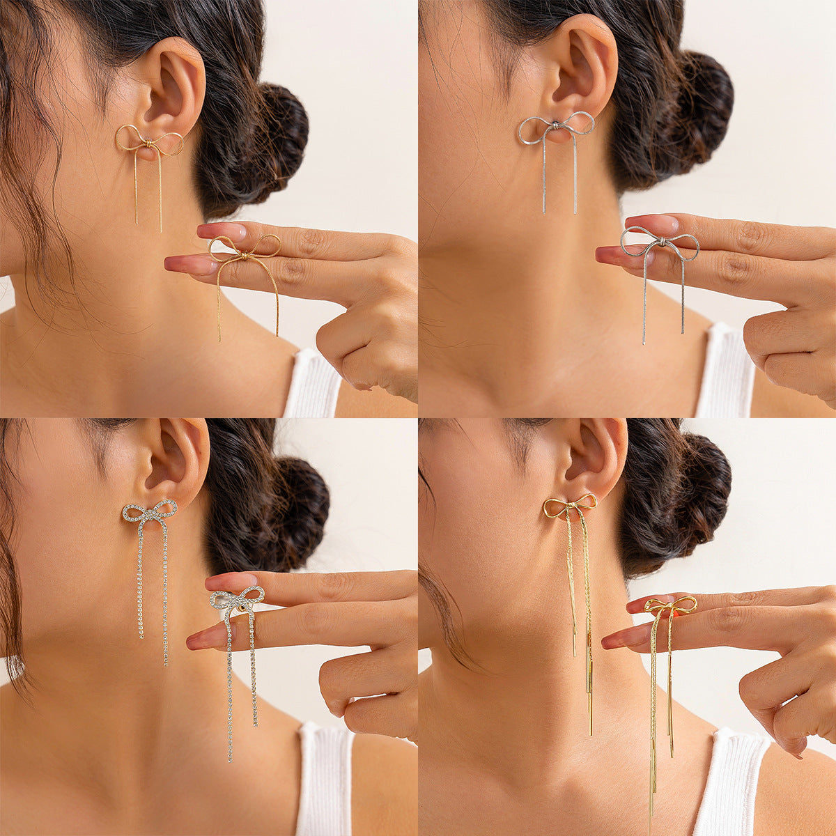 Orecchini a perno da donna a forma di fiocco, minimalistici in rame con strass intarsiati