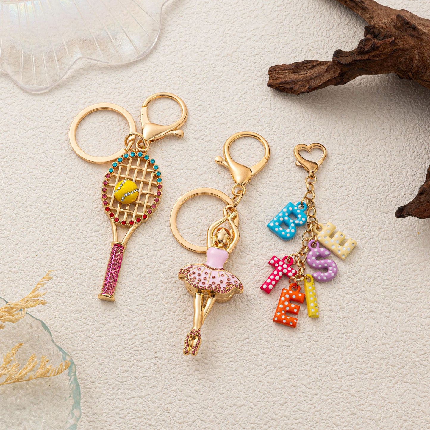 Floral Plant Rhinestone Inlay Plated Alloy Bag Charm with Tassel and Letter Beads