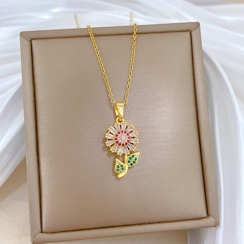 Sweet Luxury Colorful Floral Geometric Cubic Zirconia Titanium Steel Necklace for Unisex