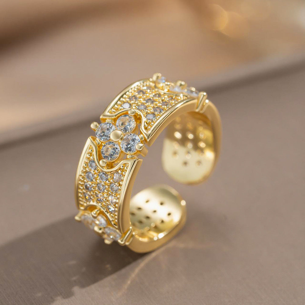 Anillo ajustable abierto de trébol de cuatro hojas con circonitas microengastadas, chapado en oro de 18 quilates, estilo minimalista francés para mujer