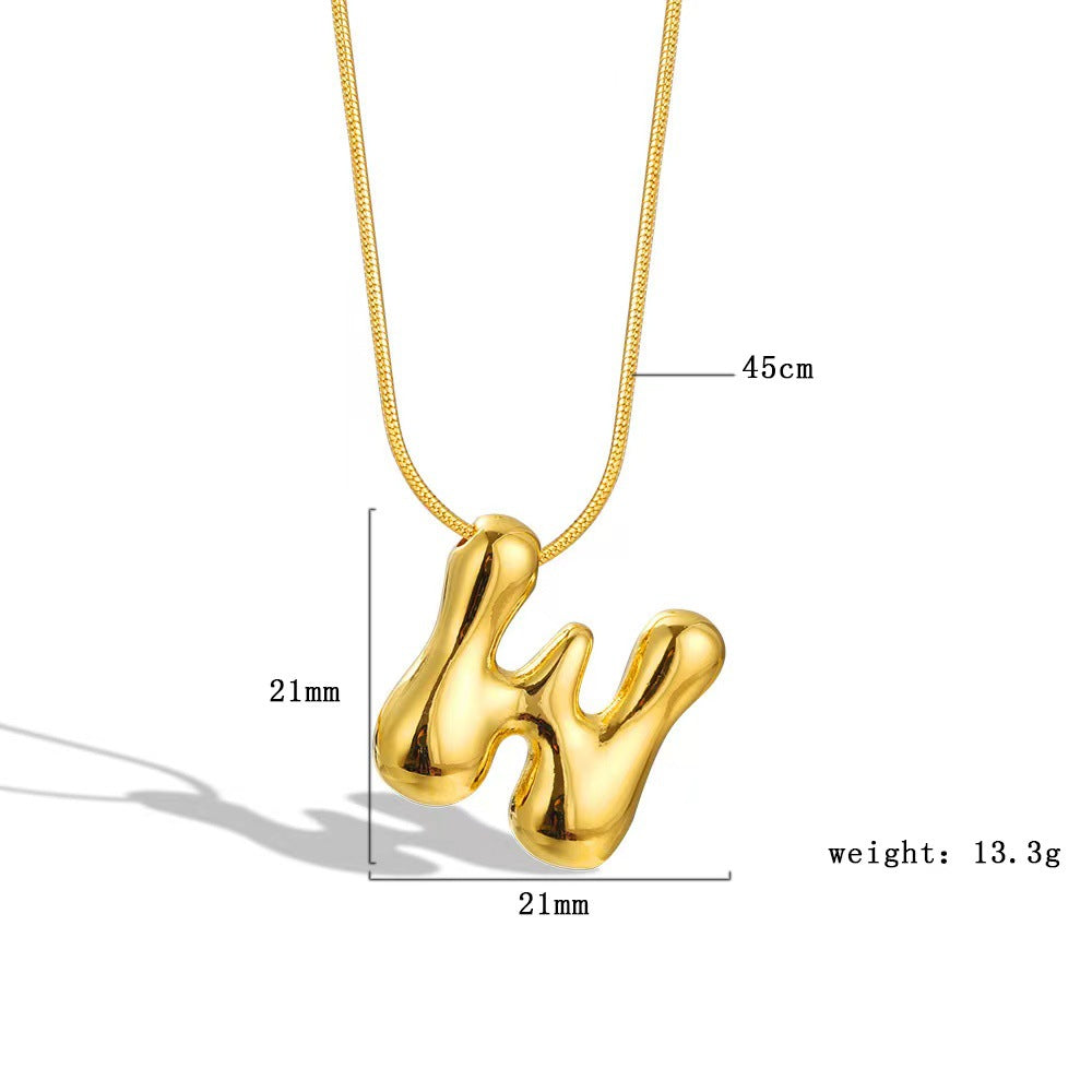 Luxury Balloon Bubble-Shaped Letter Necklace in Titanium Steel with Gold Plating, Snake Chain, Unisex Alphabet Pendant Jewelry