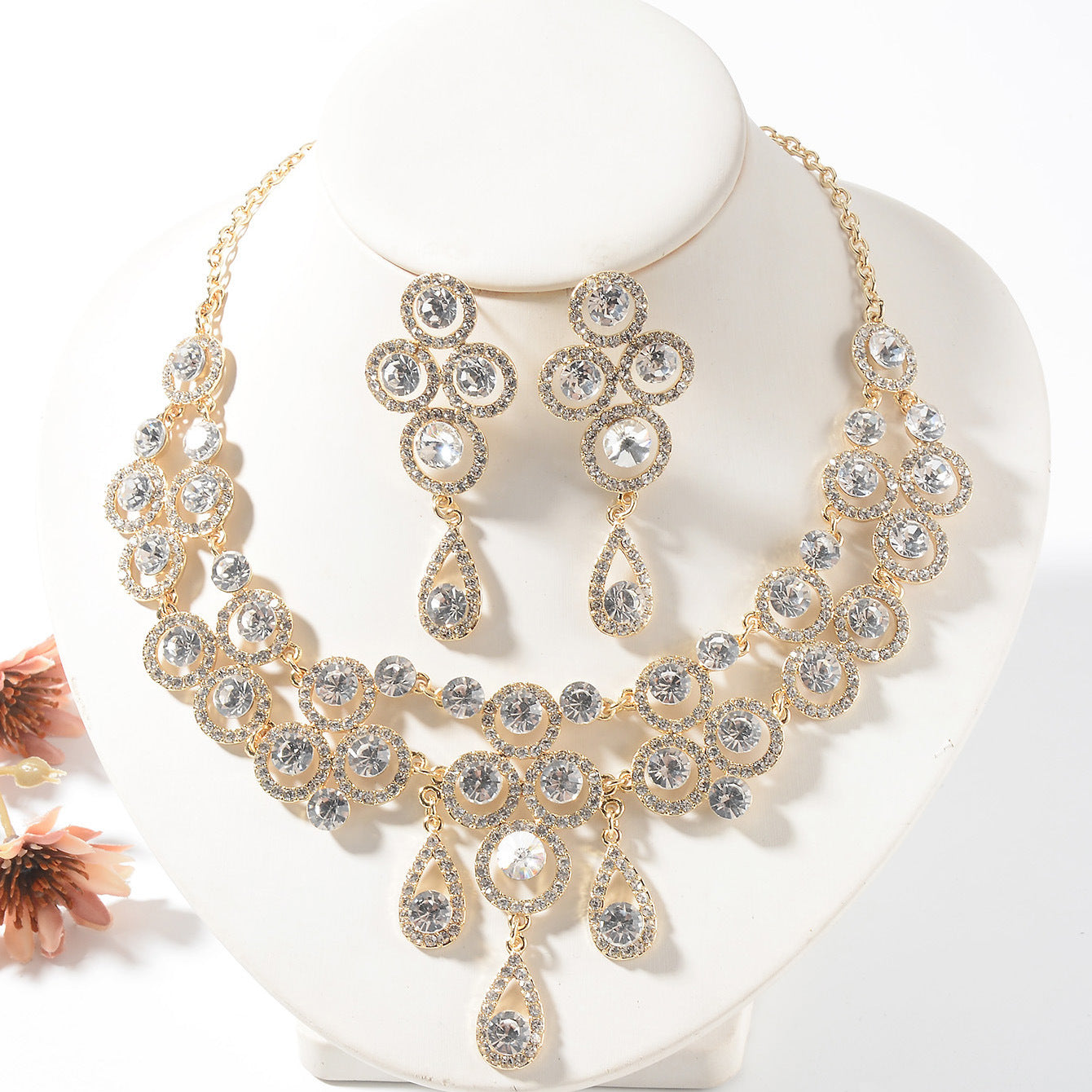 Vintage Baroque Floral Plated Alloy Ball Chain Necklace and Earring Set for Women