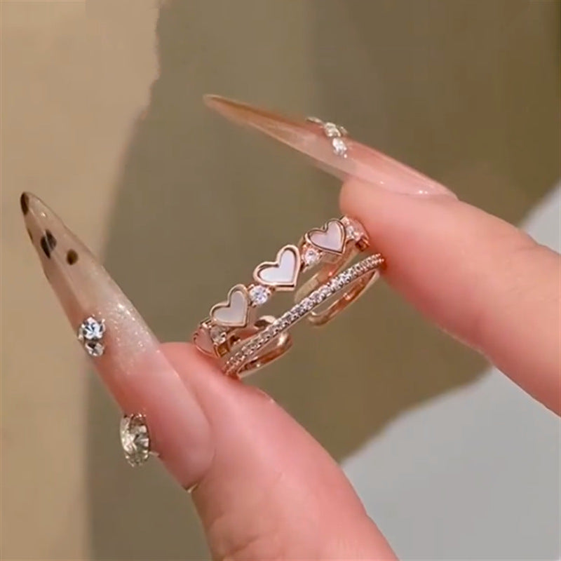 Elegante Anillo Abierto Bicolor con Diseño de Corazón de Nácar y Circonita Cúbica para Mujer, Accesorio de Moda Minimalista de Lujo