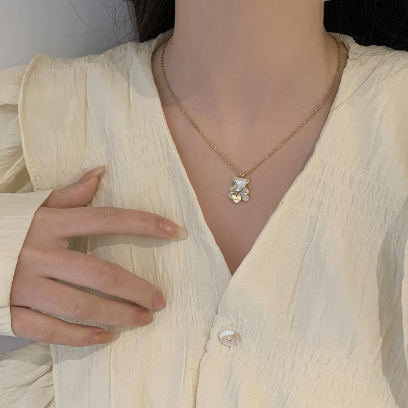 Minimalist Bear Heart Pendant Necklace for Women Titanium Steel Plated Clavicle Chain