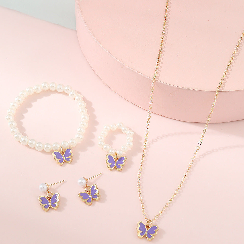 Set di collana in lega a forma di farfalla, con finitura smaltata, per bambine, Collezione Principessa, con catena a croce regolabile