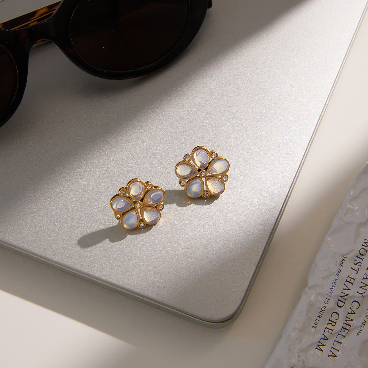 Cute Floral Stainless Steel Plated Earrings with Cubic Zirconia and Natural Gemstone for Women
