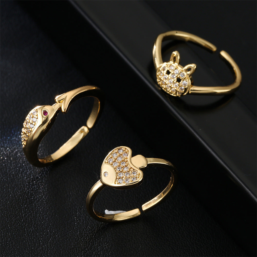 Minimalist Geometric Animal Brass Gold Plated Ring with Cubic Zirconia for Women