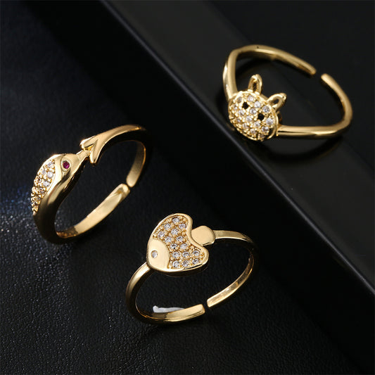Minimalist Geometric Animal Brass Gold Plated Ring with Cubic Zirconia for Women