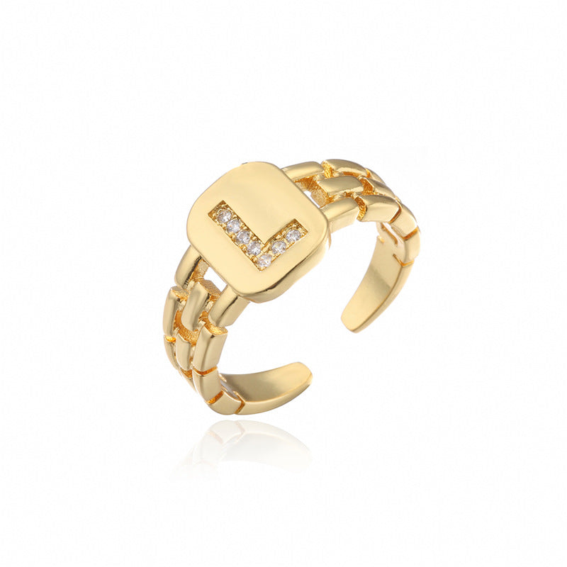 Minimalist Letter Shape Copper Ring with Micro-Pavé Setting Adjustable Geometric Band