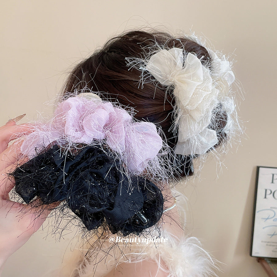 Elegante Fermaglio per Capelli Floreale in Acrilico e Tessuto da Donna con Chiusura a Squalo, Stile Lusso Minimalista per Ufficio o Uso Quotidiano