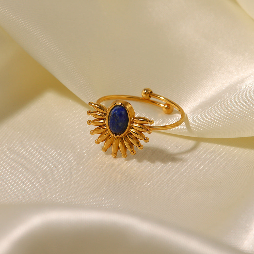 Anello da donna geometrico open-end ispirato a INS in acciaio inossidabile con placcatura in oro 18 carati e intarsio in lapislazzuli