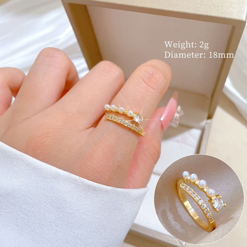 Anello regolabile in ottone con perle e zirconi, design a corona, per donna, gioiello a fascia in stile giapponese minimalista